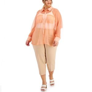 Alfani Peachy Sunrise Sheer Button Down Blouse  Sz 1X